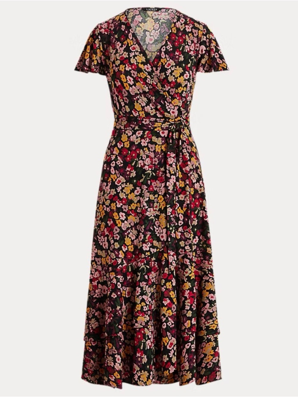 Ralph Lauren Black Floral Wrap Midi Dress